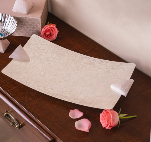 Embossed silver plated Platter with Rose Quartz Handles