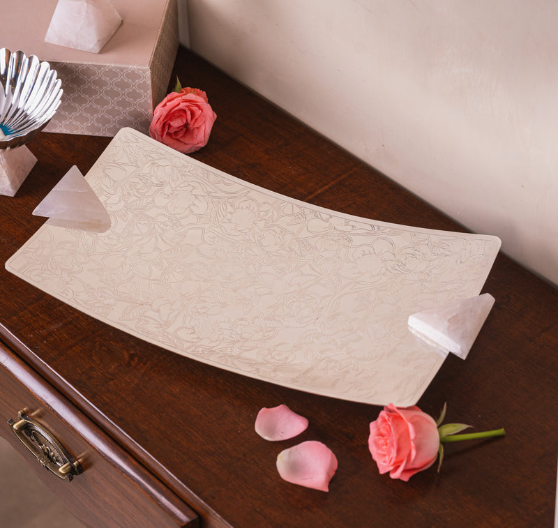 Embossed silver plated Platter with Rose Quartz Handles