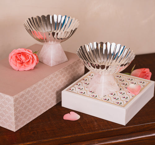Fluted silver plated Bowls with Rose Quartz Base