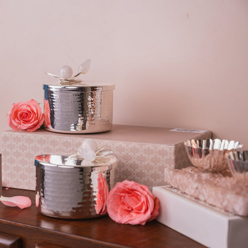 Hammered silver plated Orchid Box with Rose Quartz Floral Lid 