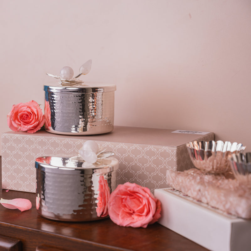 Hammered silver plated Orchid Box with Rose Quartz Floral Lid 