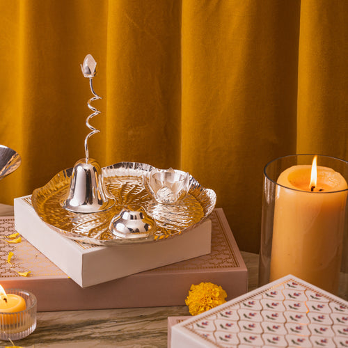 Lotus Leaf silver plated Pooja Thali with a bell diya and agarbati stand