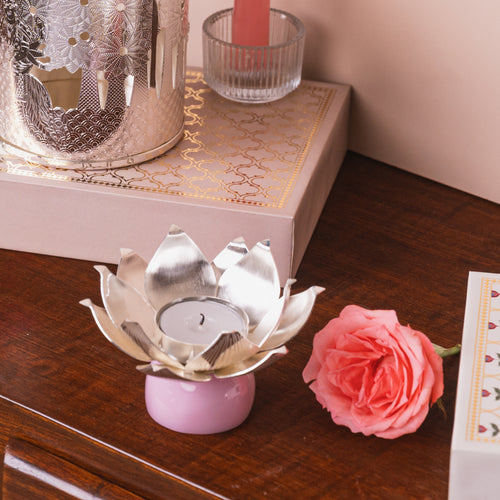 silver Plated Lotus Designed Tea Light Holder on Rose Quartz Base