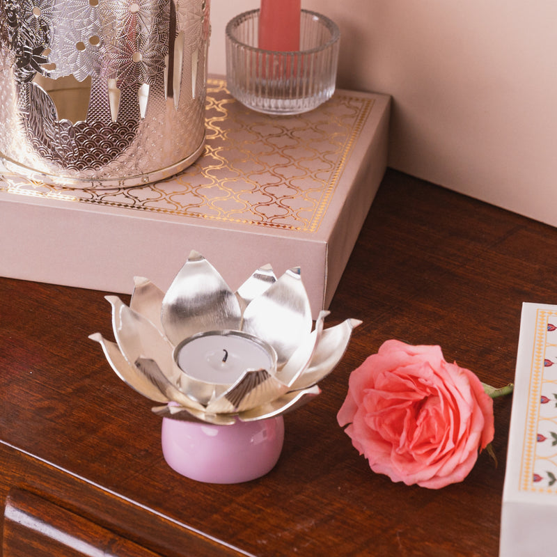 silver Plated Lotus Designed Tea Light Holder on Rose Quartz Base