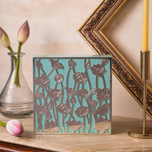 Mint Green Lotus Jali Box is a beautifully-crafted decorative box made from brass and silver plated. 