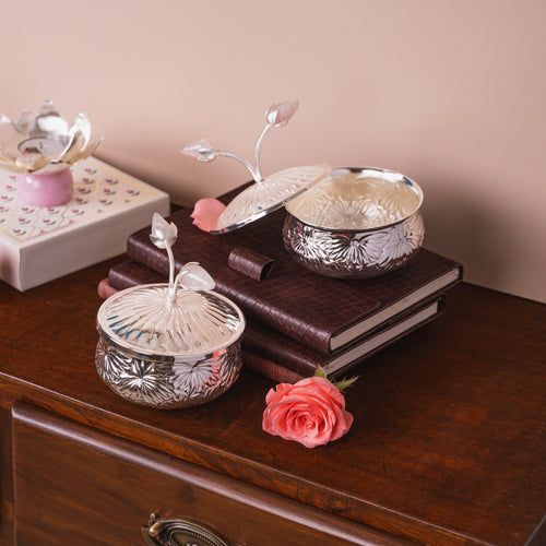 handcrafted in brass and silver plated bowls with a rose quartz floral detail. 