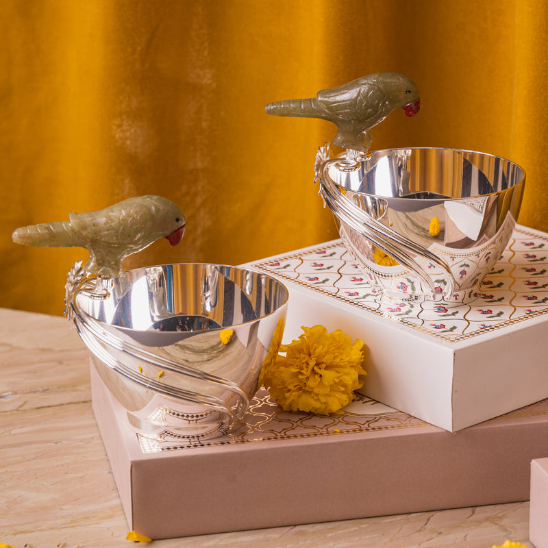 handcrafted silver plated nut bowls with parrots made in resin 