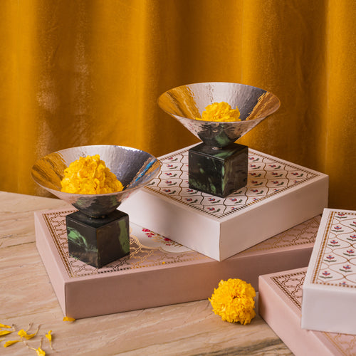 silver plated cone shaped nut bowls with a wooden base